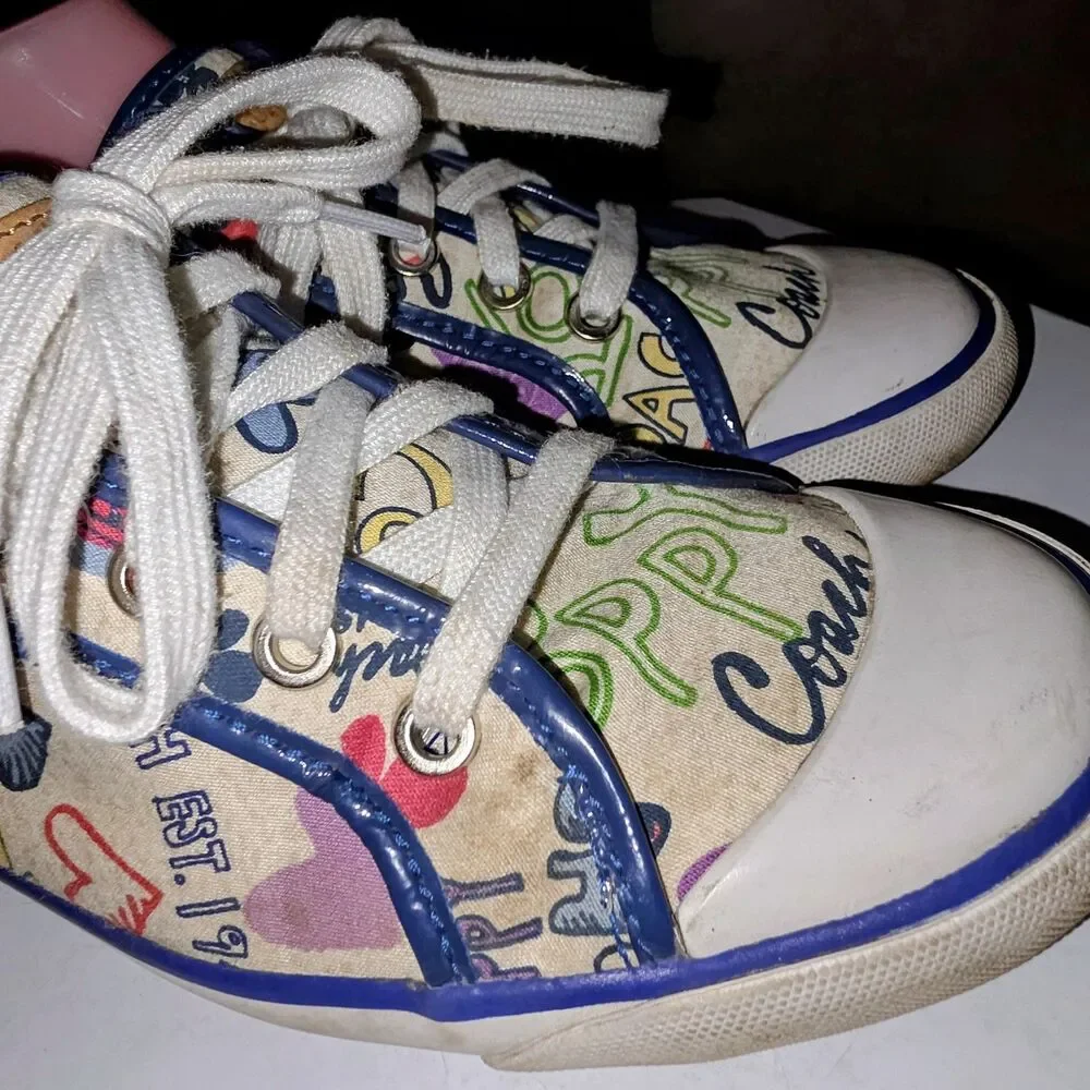 COACH POPPY BARRETT Sz 8 Off White AOP Logo Canvas Lace Up Casual Preppy Shoes